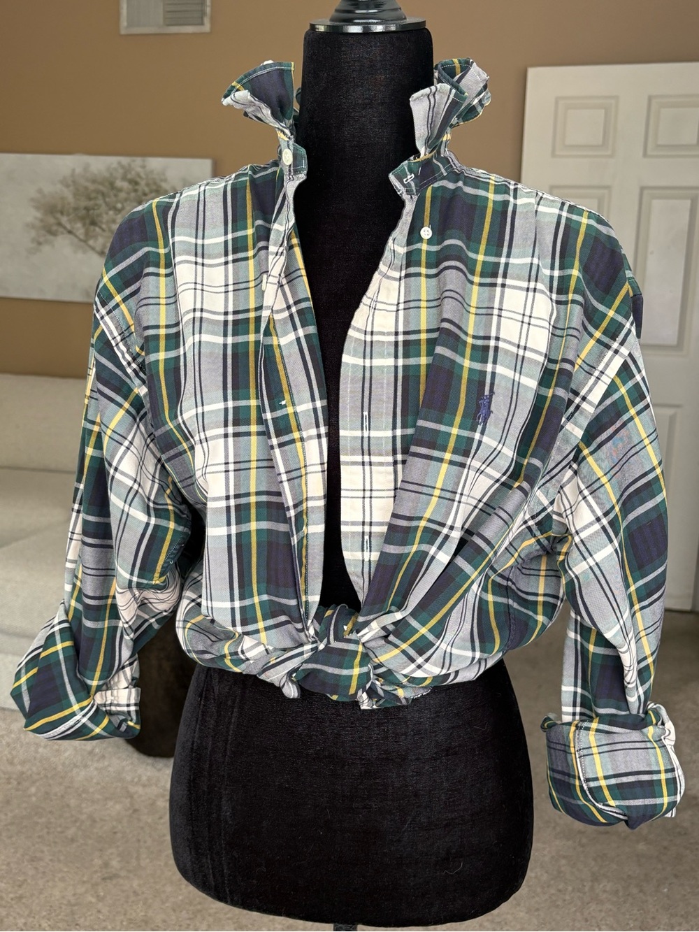 Reworked Ralph Lauren Plaid Button-Up Shirt in Green/White